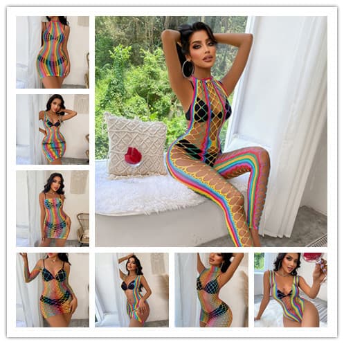 Cross-border foreign trade seven rainbow color sexy underwear mesh beach bikini tight mesh skirt wholesale