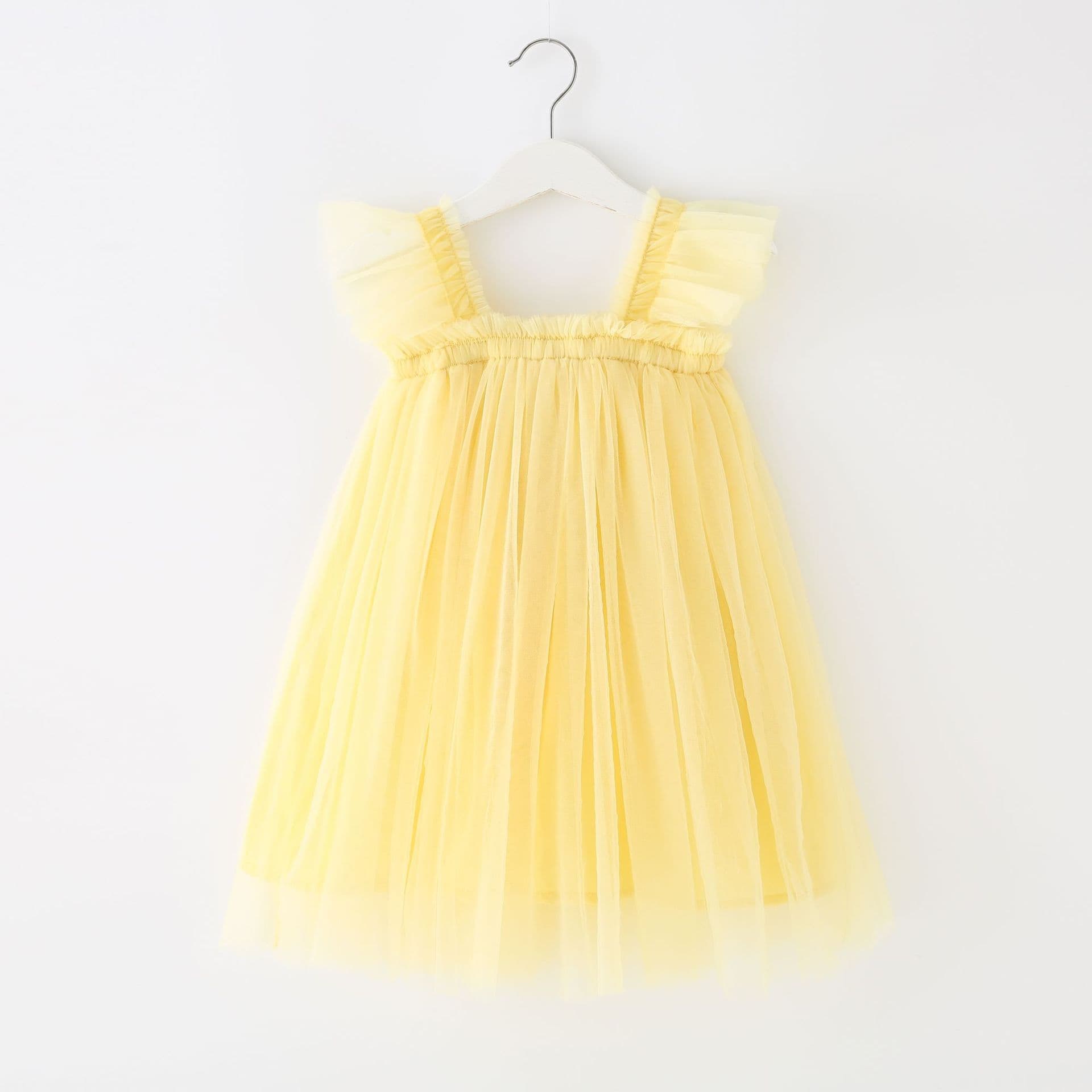 New Summer Children's Dress with Flutter Sleeves, Mesh Skirt, Strapless Dress, Princess Dress, Tutu Dress, Factory Direct Wholesale