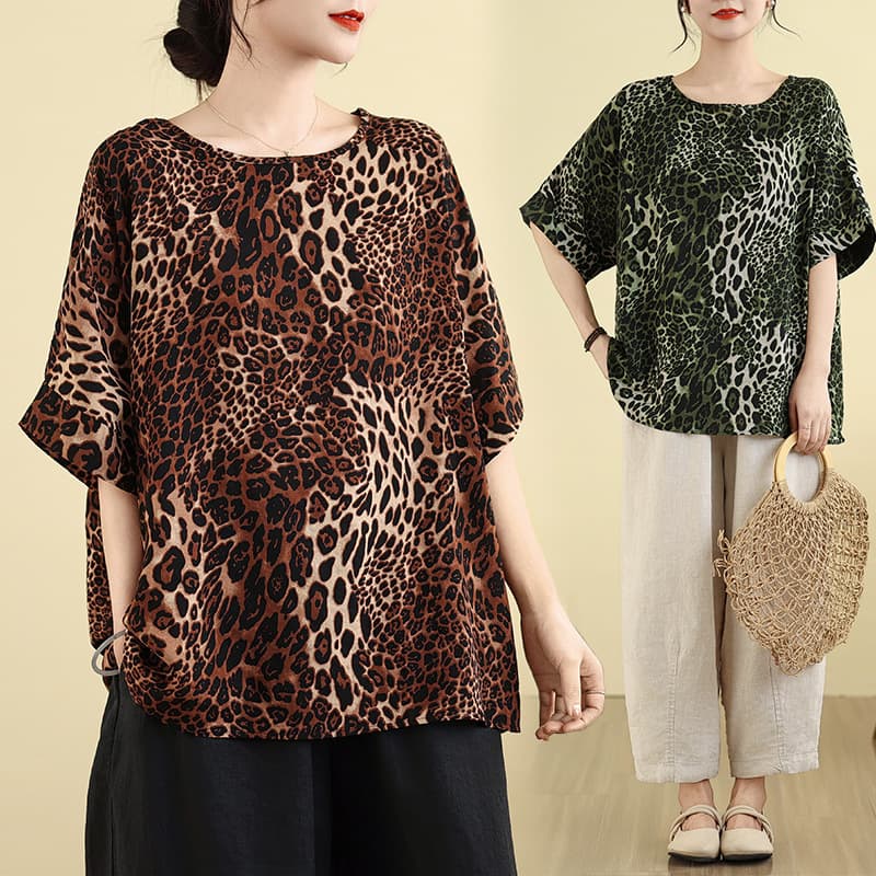 Actual Photo Cotton Linen Artistic Retro Leopard Print Batwing Top Summer Thin Leopard Print Loose Slimming T-Shirt Base Layer