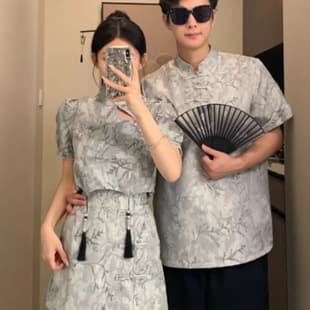 Couple Outfit Summer New Chinese Style Set Floral Cheongsam Women's Short Sleeve Half Skirt Men Cross-border 2025 Drop Shipping