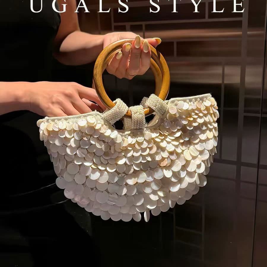Ugals French-Style Vintage Handmade Woven Beaded Sequin Shell Bag, Basket-Style Round Ring Bucket Clutch Crossbody Bag