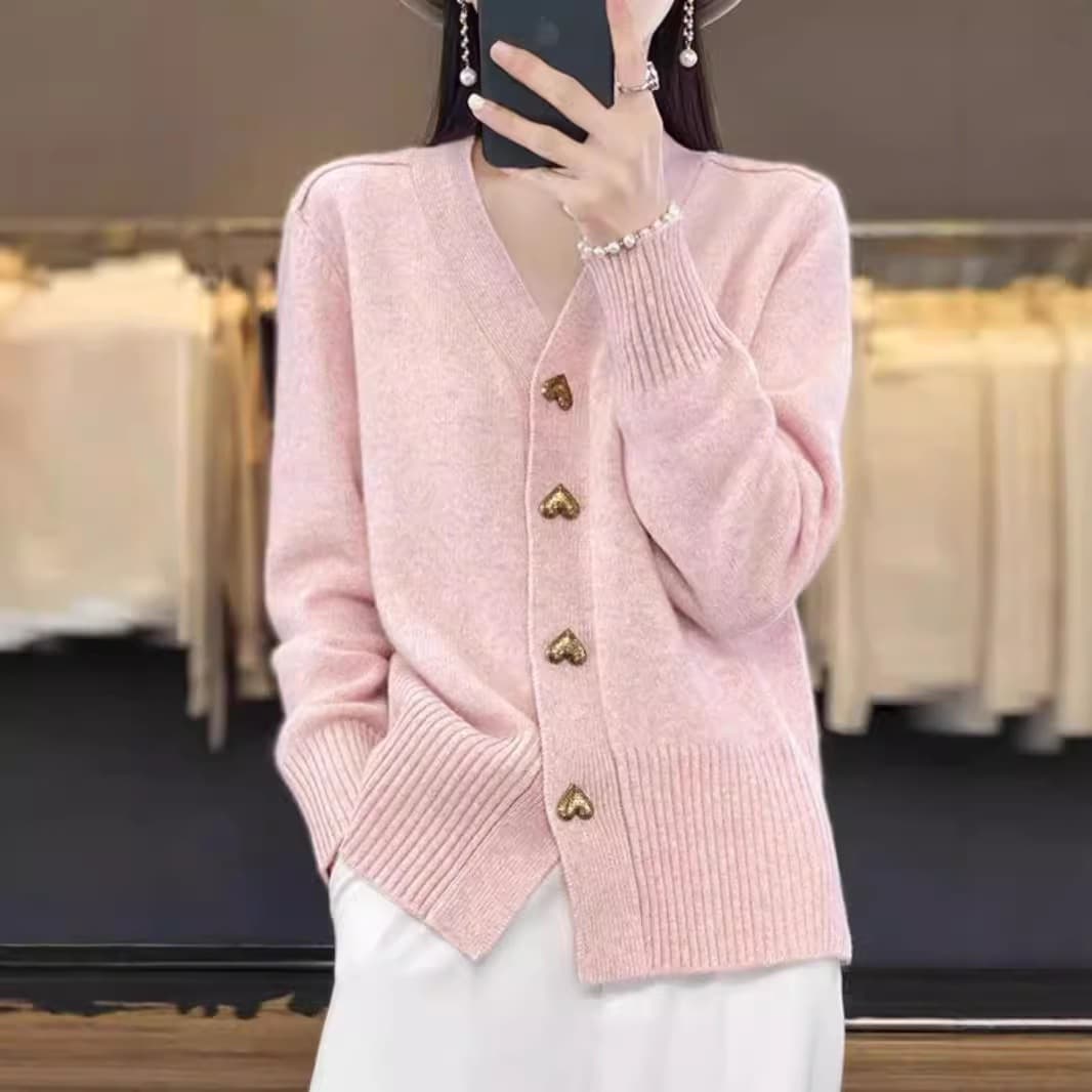 Cross-border European and American new love button solid color knitted V-neck cardigan autumn and winter fashion simple outer loose sweater for women
