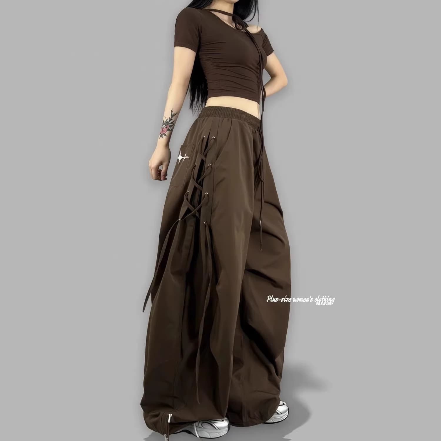 Plus Size Women's 300 Jin Micro-Pleated Casual Pants Spring Loose Slimming Versatile Wide-Leg Pants High Waist Cargo Pants