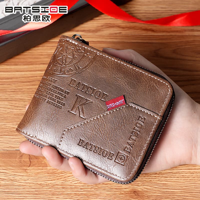 BATSIOE Cross-border Europe and America Men's Wallet Bifold Vintage Zipper Short Multi-card Slot Multifunctional Clutch Casual Bag