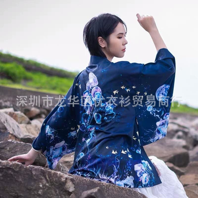 2024 New Cross-Border Japanese Style Koi Digital Print Kimono Unisex Cape Coat Sleepwear Cardigan Summer