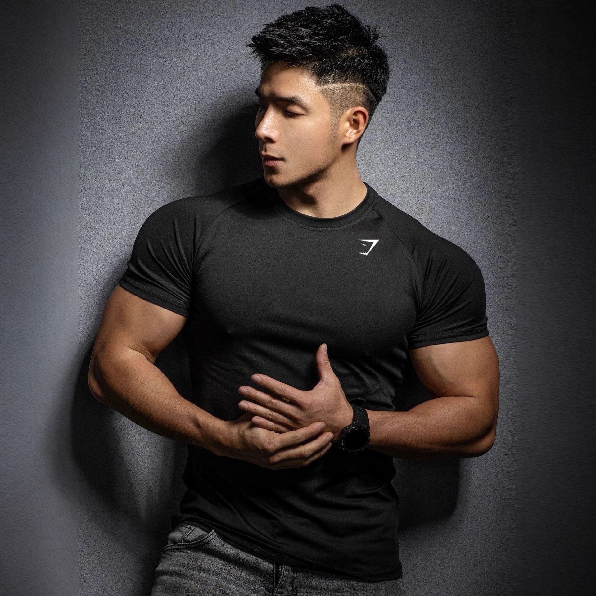 GYMSHARK Fitness Short-Sleeve Men's Muscle Sports Tight Stretch T-Shirt Shark Print Quick-Dry Top Trendy