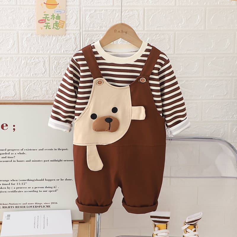 Five little seven children's clothing 2025 spring and autumn new style 0-4 years old boys and girls cartoon bear sweatshirt overalls 2-piece set