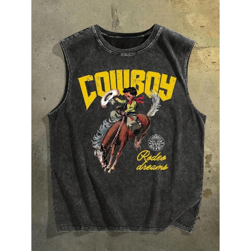 230g European Size Pure Cotton, Cowboy Riding Horse Illustration Men's Washed
