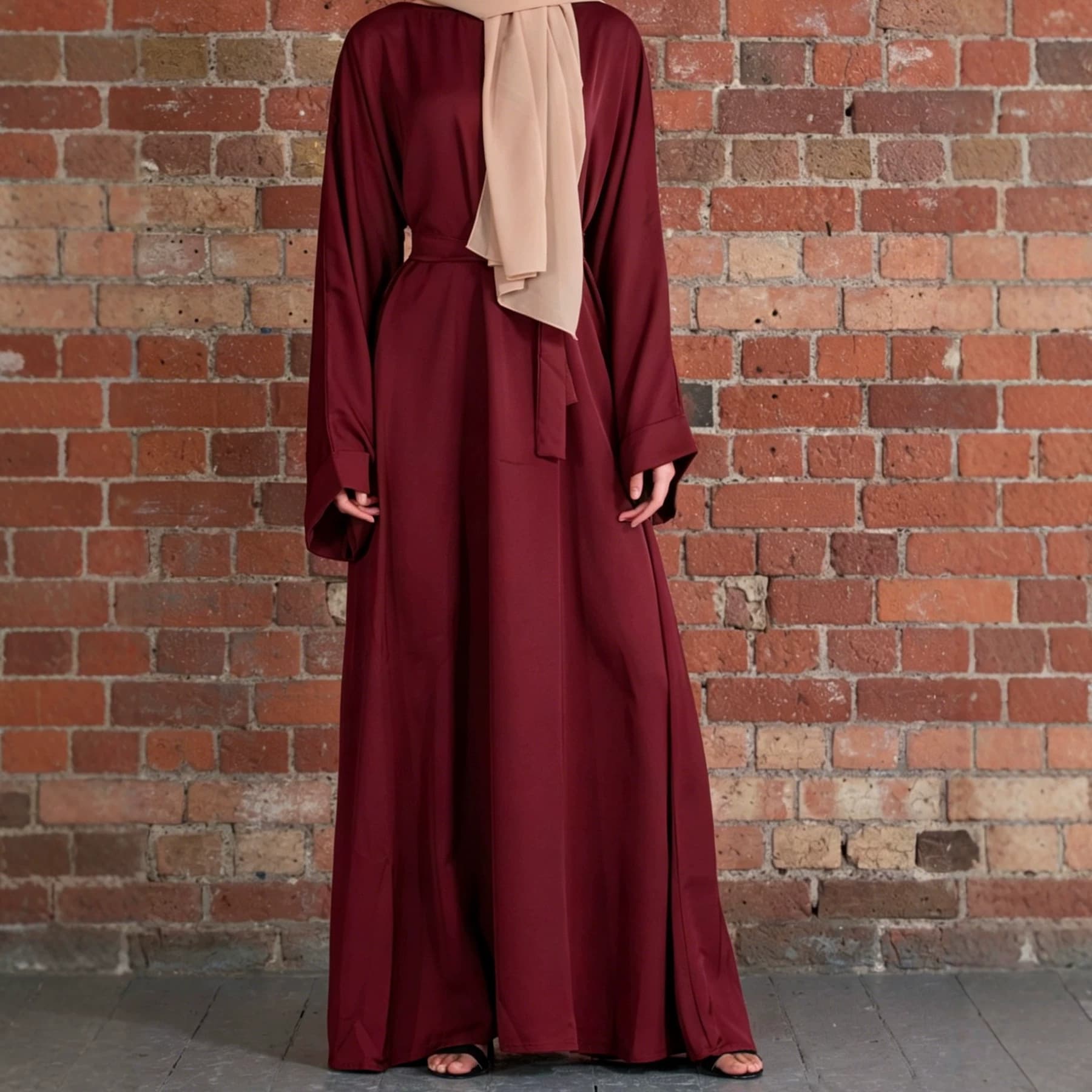 Women's Wine Red Solid Color Abaya Long Dress, Daily Maxi Dress, Casual Style