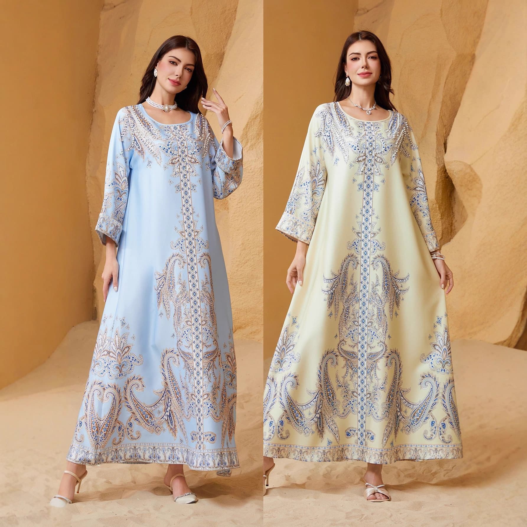 Amazon Best-Selling Dress Robe Printed Round Neck Beaded Abaya Dress