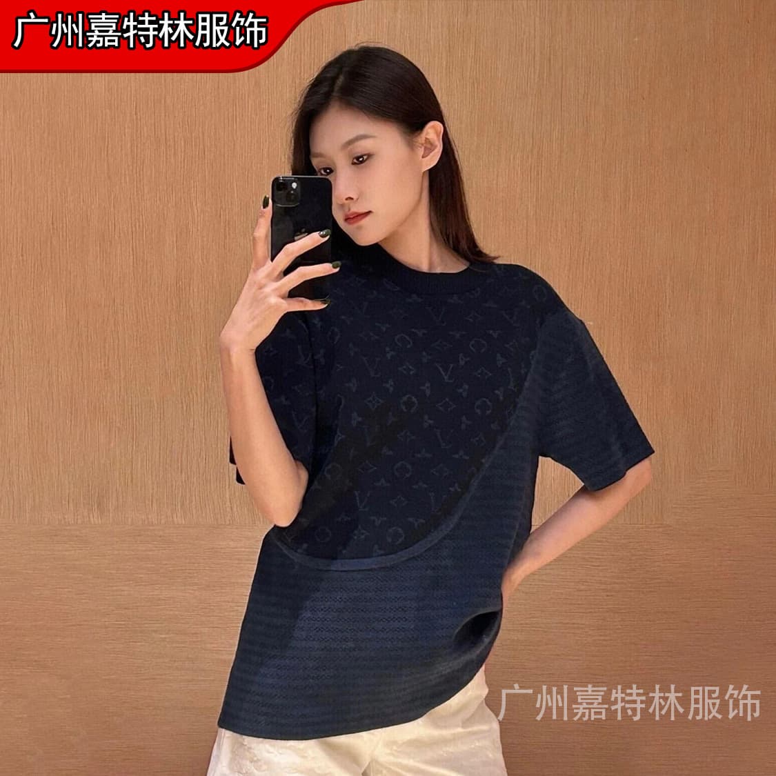 Cross-border correct version LV letter knit jacquard pure cotton crewneck short sleeve unisex trendy brand L high version T-shirt