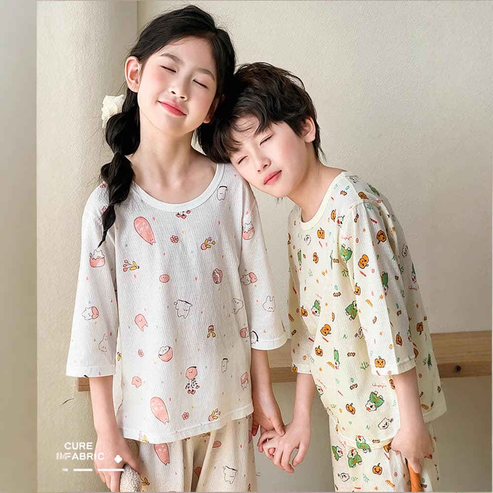 2025 Summer Children's Cotton Pajama Set, Boys' Air Conditioning Wear, Girls' Homewear, Medium to Large Kids, Three-Quarter Sleeves