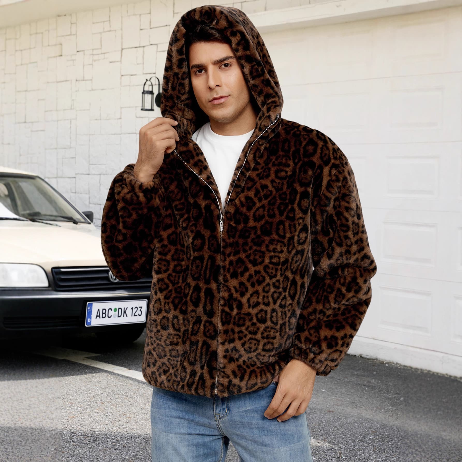 F1013 Europe and America Cross-Border Hot Selling Men's Faux Fur Leopard Print Coat Plush Contrast Color Warm Thickened Leopard Print Jacket