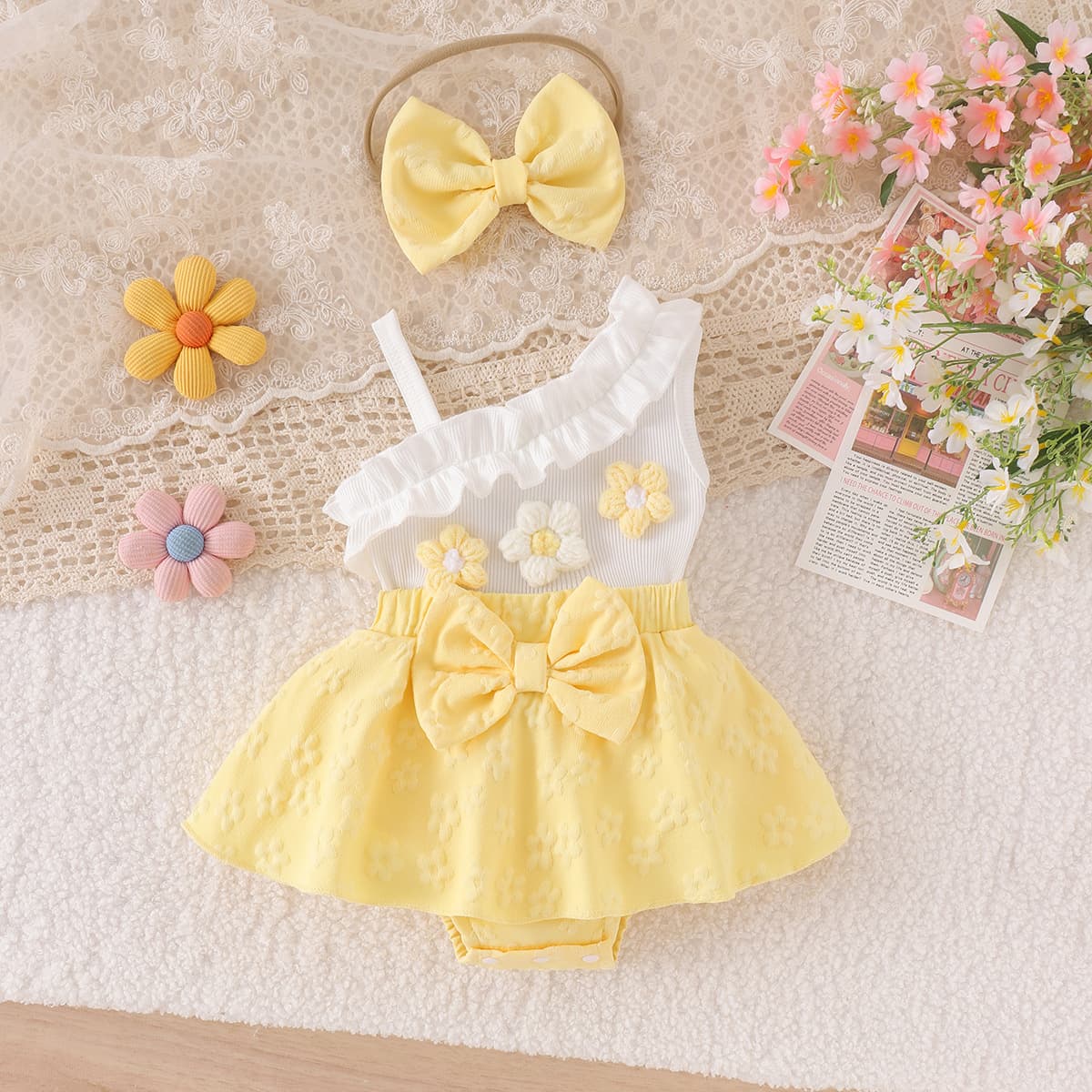 Baby Girls Clothes 0-2Y Summer Off-Shoulder Floral Textured Bodysuit Romper Dress + Hair Accessory