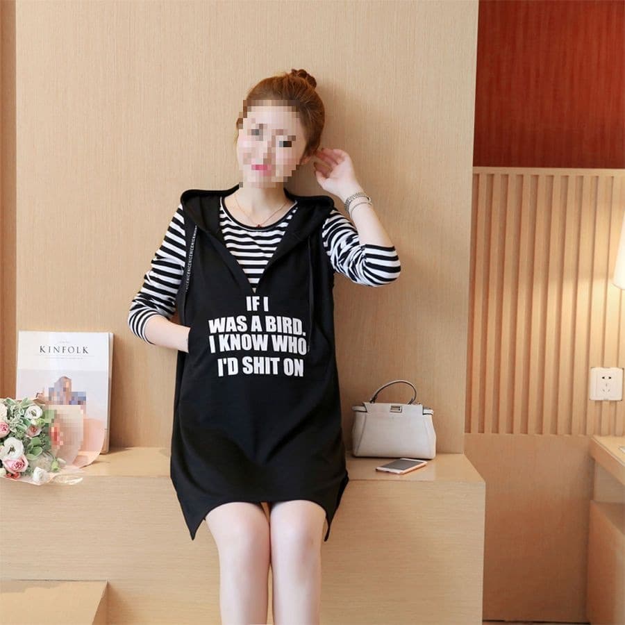 Maternity Wear Autumn Dress, Long Sleeve Two-Piece Set for Spring and Autumn, Elegant Korean Style Mid-Length Skirt, Loose Fit for Outings
