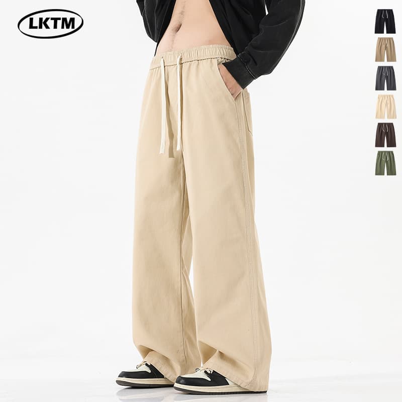 Pure Cotton Drawstring Loose Men's Casual Pants Simple Solid Color Versatile Straight Leg Long Trousers City Boy Style