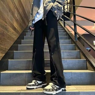 2026 American High Street Trendy Casual Zipper Jeans for Men Spring Summer Loose Design Retro Pants