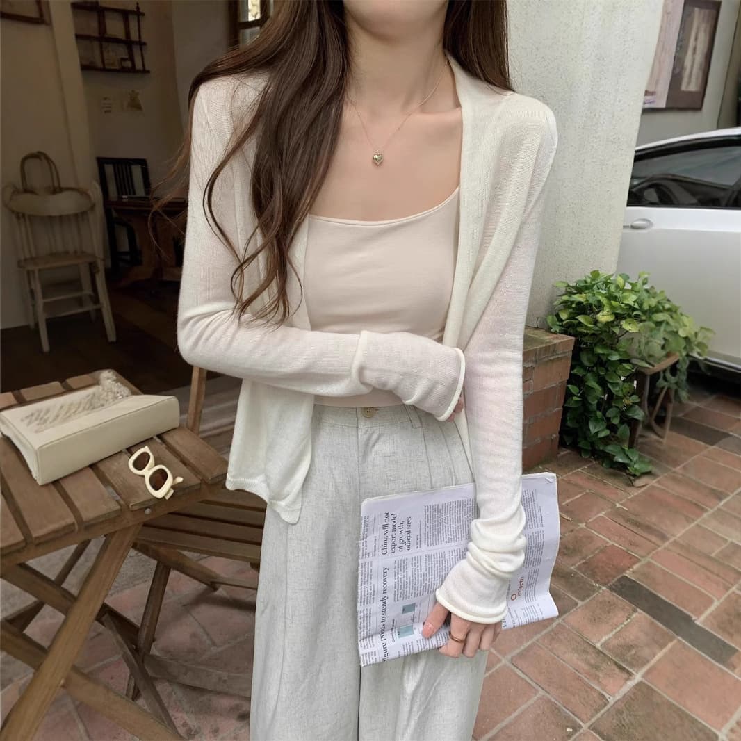 Korean-style White Soft Knit Cardigan for Women, Summer Thin Casual Sun Protection Jacket, Long-sleeve Outerwear Top