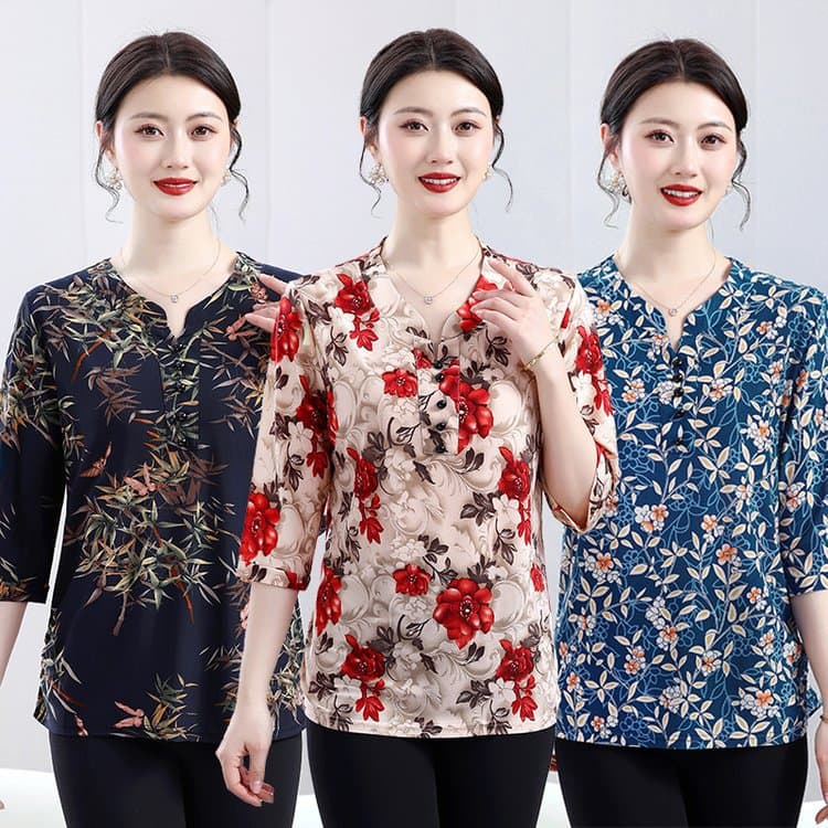 2025 New Summer Blouse for Mom Fashionable Ice Silk T-Shirt for Grandmother Plus Size Three-Quarter Sleeve Top