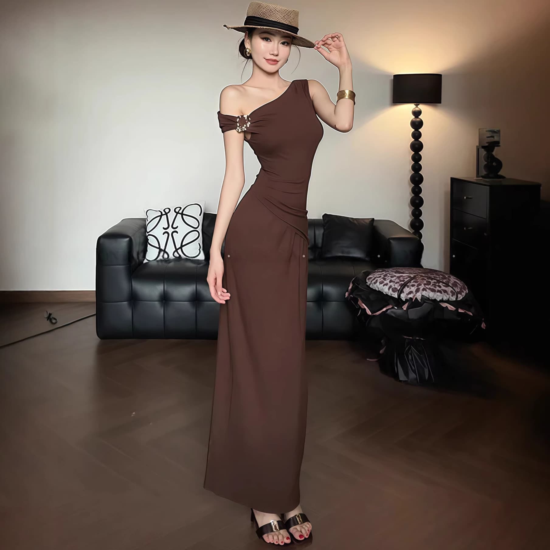 Elegant lady style pleated waist slant collar off-shoulder dress women's summer new slim fit hip-hugging long skirt