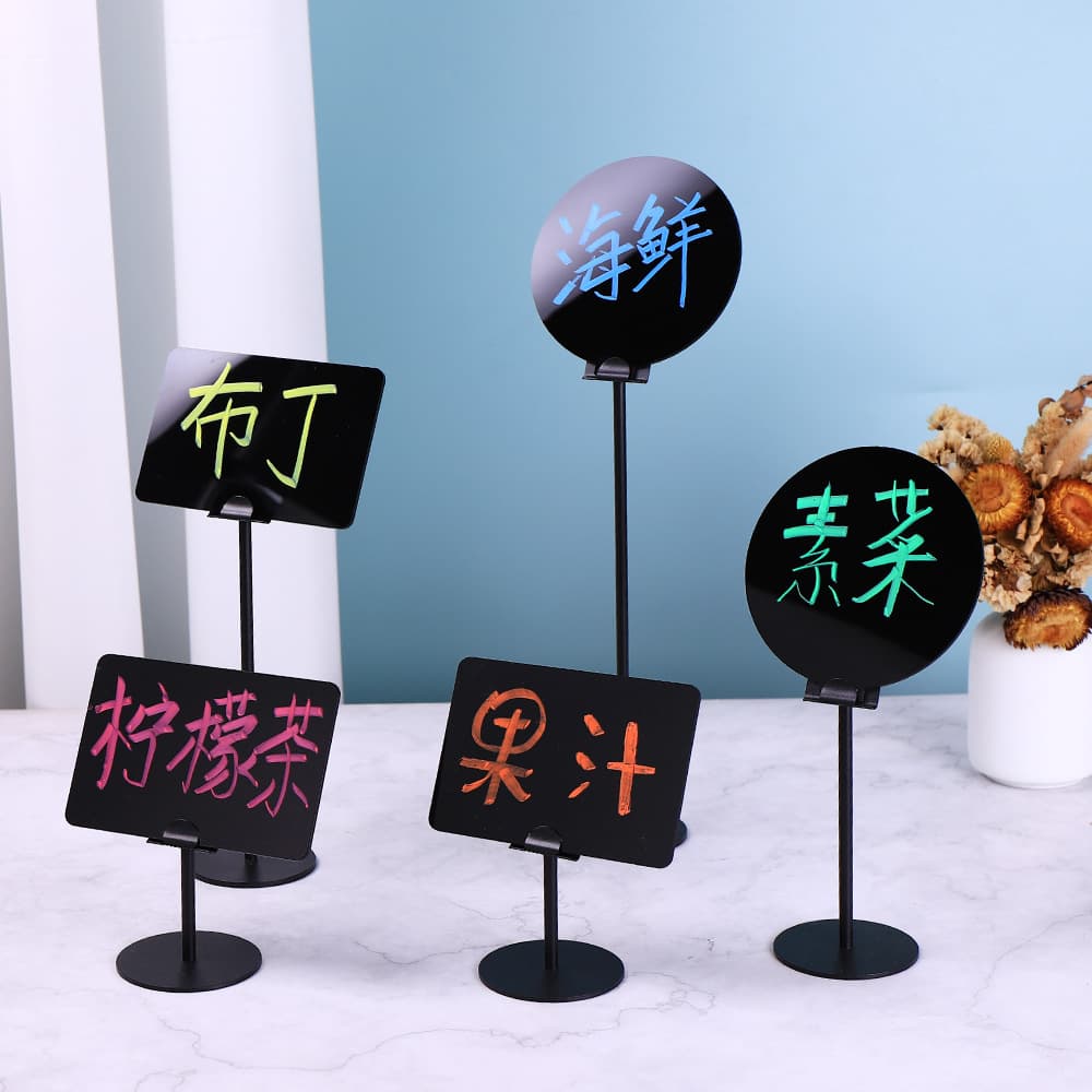 Acrylic Table Card with Black Base Display Stand, Vertical Desk Plate for Advertising, Restaurant, Hotel Menu Price Display with Beechwood Table Sign