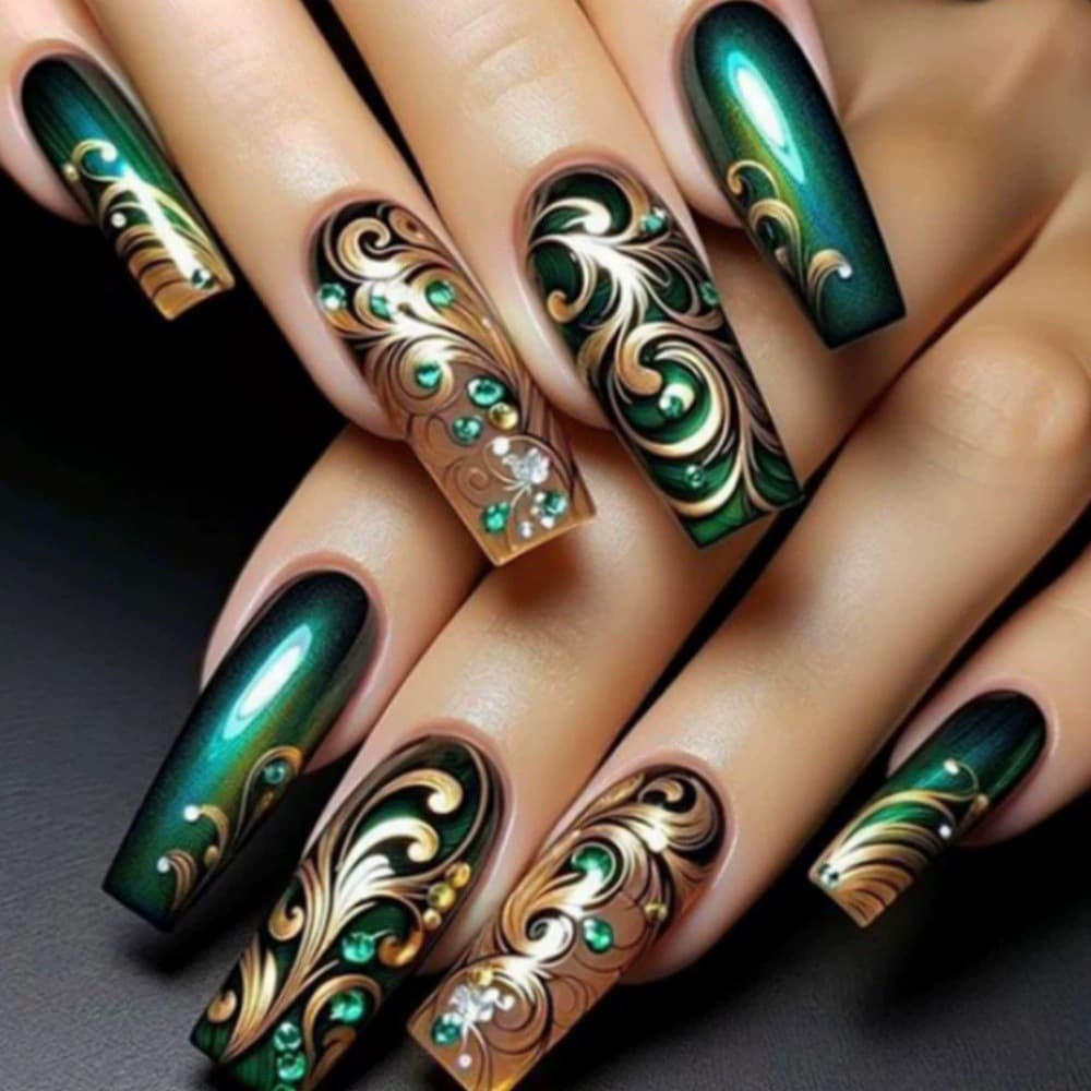 Dark green gilt pattern diamond-encrusted manicure, luxury banquet style manicure, 24 pieces of European and American fashion manicure