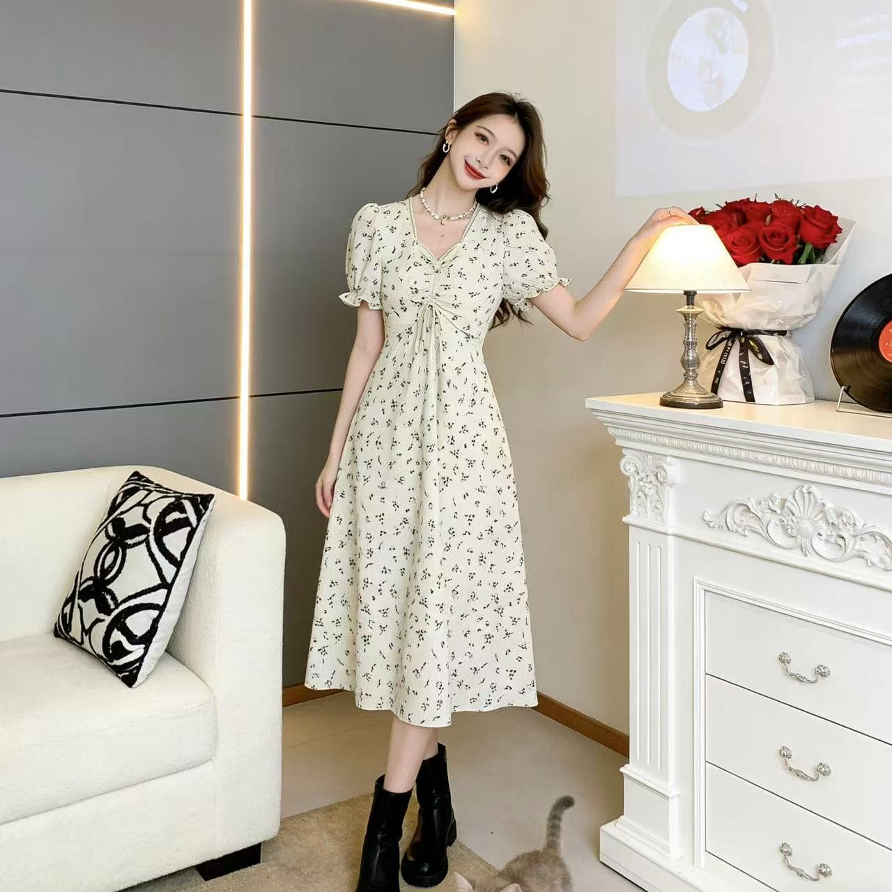 French Puff Sleeve Floral Print Dress Women Summer New V-Neck Tie Waist-Nipped Slim A-Line Ethereal Long Dress Tea Dress