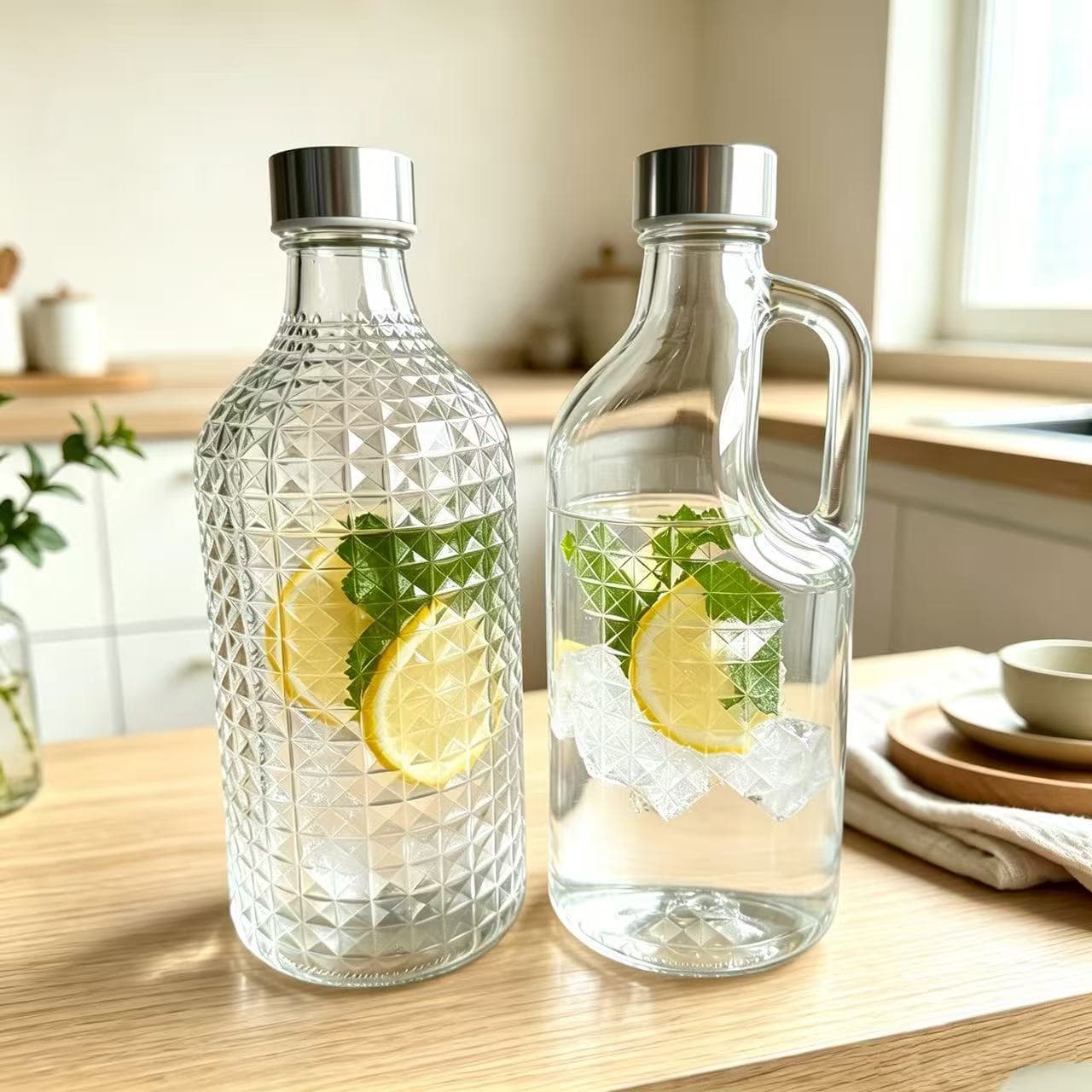 1L Large Capacity Glass Cold Brew Woven Texture Water Pitcher with Handle for Home Tea, Juice, Fruit Wine Bottle Stainless Steel