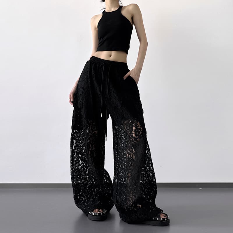 2025 Summer Black Casual Pants Women's Summer Easiest for Match Design Spliced Hollow Lace High-Quality Straight-Leg Wide Leg Pants