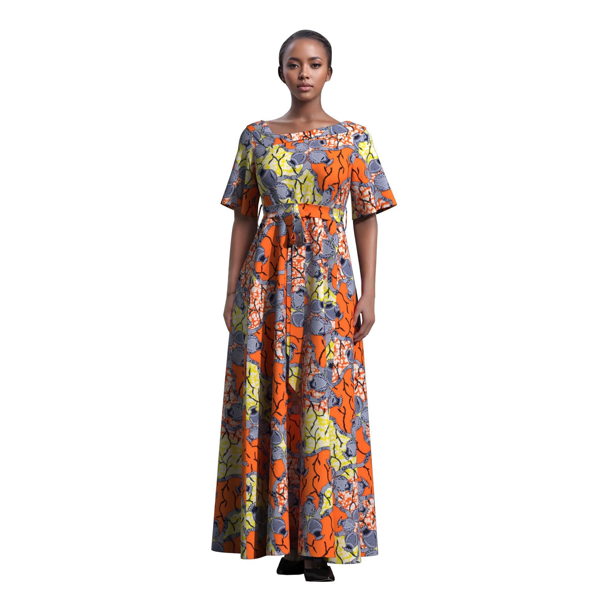 Export African Dress Fashion Round Neck Short Sleeve High-Waist Plus-Size Long Dress Source Factory Ready Stock Drop Shipping