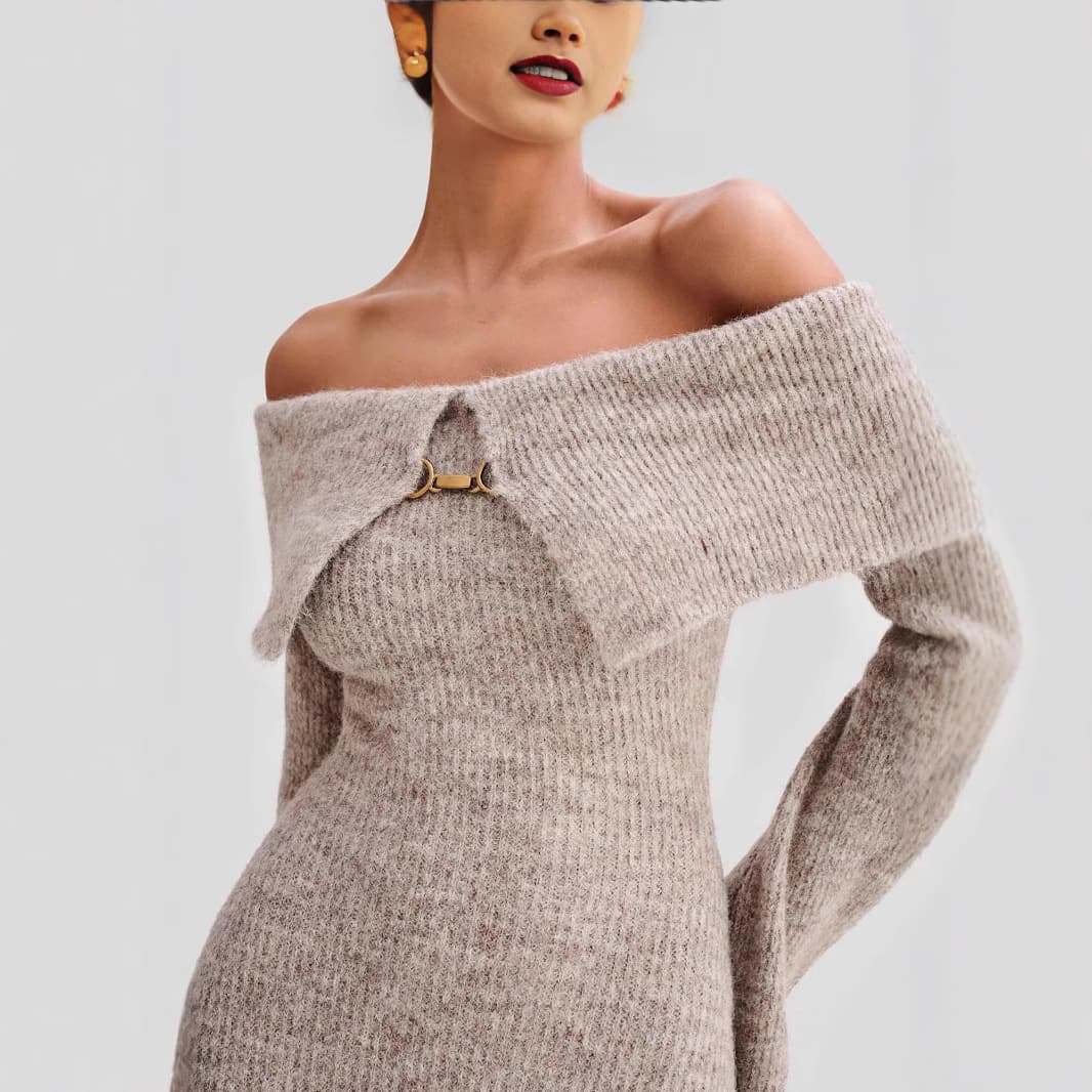 Elegant Stripe Long Dress European Style Fashionable Turn-down Collar Shoulder-baring Dress High-waisted Bodycon Dress Polyester