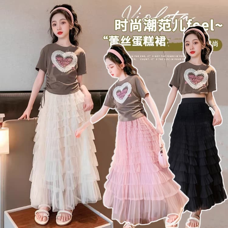 Girls half-length gauze skirt suit, summer dress, medium-sized children's cake skirt, long skirt, princess skirt, mesh mid-length skirt, seaside skirt for women