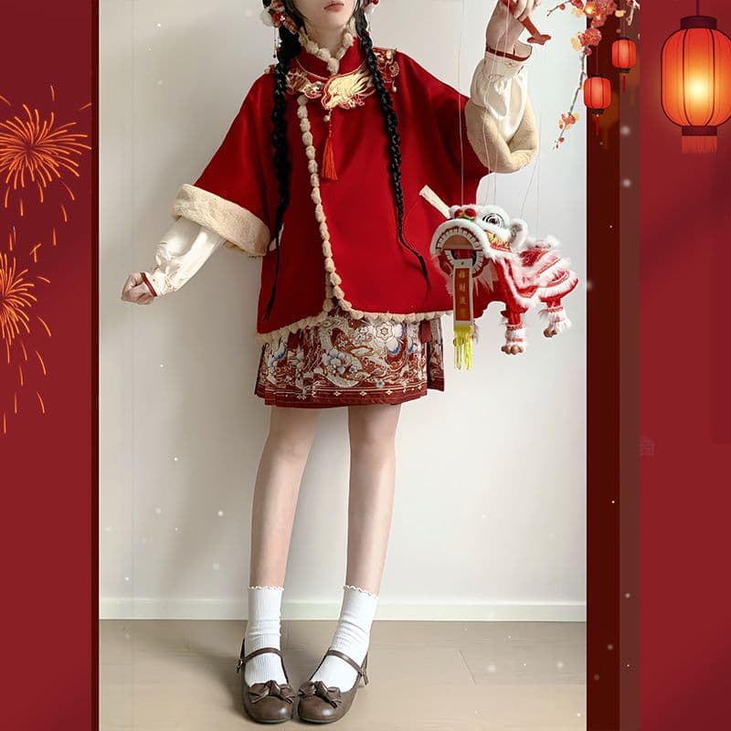Qingyaoji original "Zhaozhao" Hanfu women's embroidered cloud collar horse-face skirt autumn and winter new style fleece-lined cloak Chinese New Year outfit