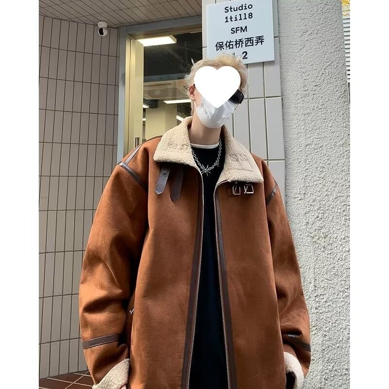 Retro Warm Suede Cotton Jacket Men's Streetwear Workwear High Street Fleece-Lined Thickened Padded Coat Loose Outerwear Cross-Border