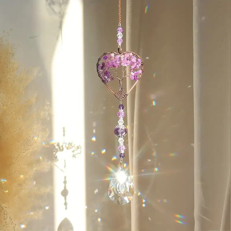 Cross-border love tree of life crystal wind chime pendant, light and shadow hanging ornament for home, garden, and window decoration.