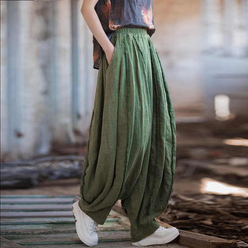 2026 Spring Linen Cotton Women's New Travel Sand Washed Brushed 32-Panel Patchwork Casual Pumpkin Pants Distressed Women's Long Pants