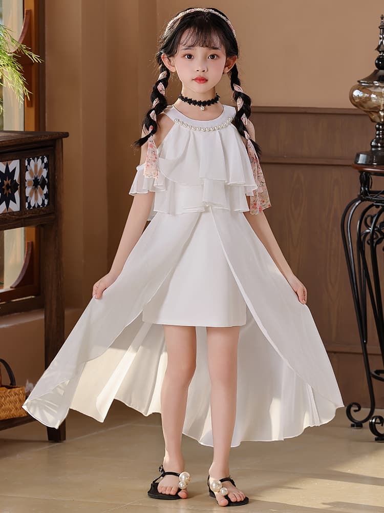 Girls Older Kids Dress Set Summer New Cross-Border Solid Color Train Dress Children Fashionable Chiffon Dress Sweet