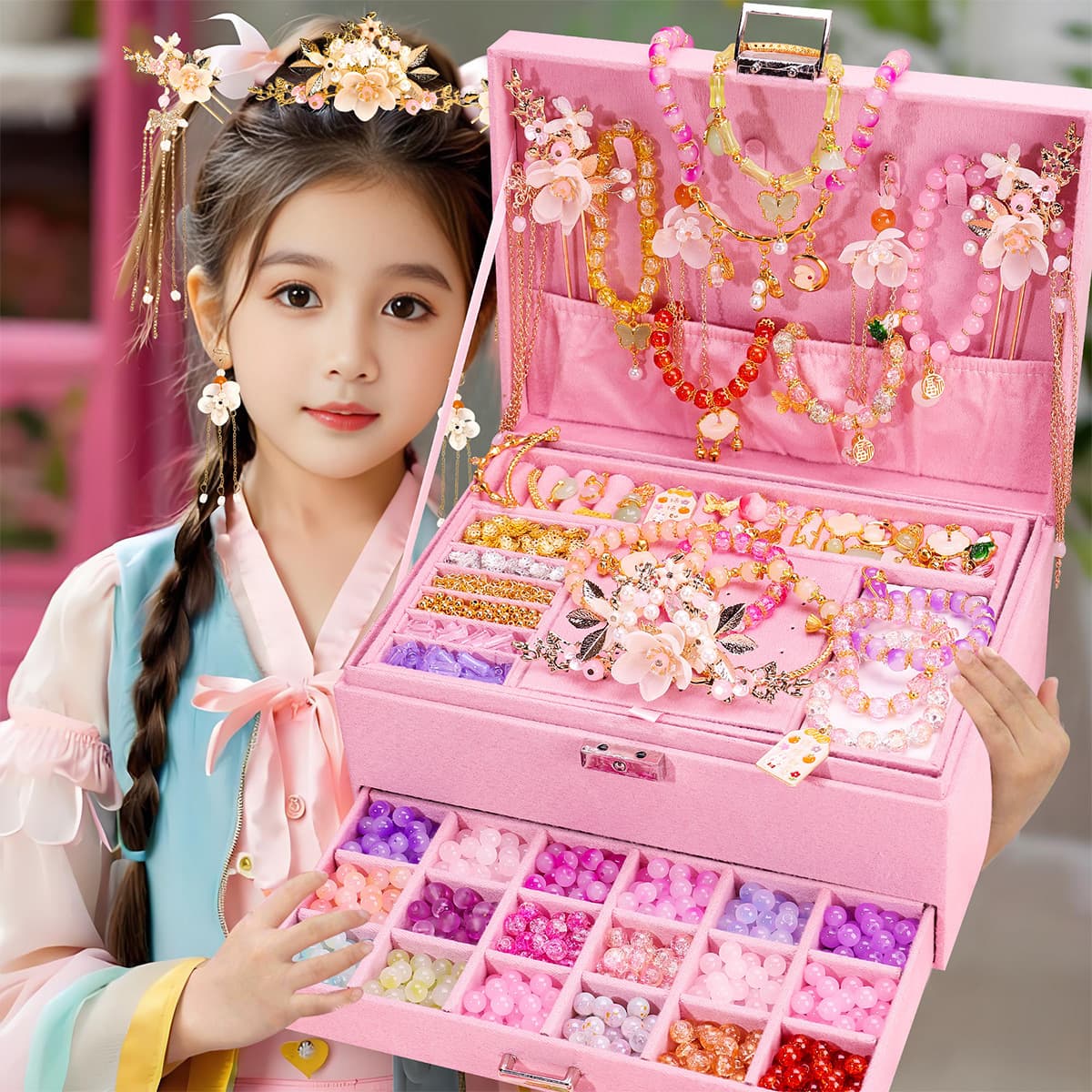 Birthday gift children's bracelet beaded handmade DIY materials girl toy 9 princess antique style gift box jewelry bracelet