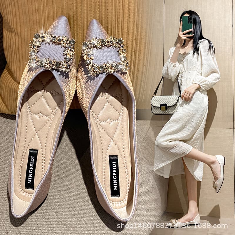 Chunqiu Flat Low-Top In Stock Daily Solid Color Viscose Shoes Pointed Toe Flat Heel Rhinestone Square Buckle Microfiber Large Size Flats