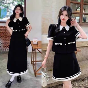 Plus Size Women M-4XL French Peter Pan Collar Little Fragrance Style Suit Skirt Set, 2026 New Short Sleeve Short Skirt Two-Piece
