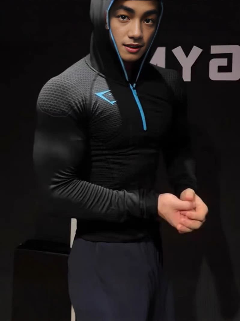 GYMSHARK Classic Onyx 5.0 Superhero Quick-Dry Fitness Top for Men, Fall/Winter Hooded Zip Long Sleeve