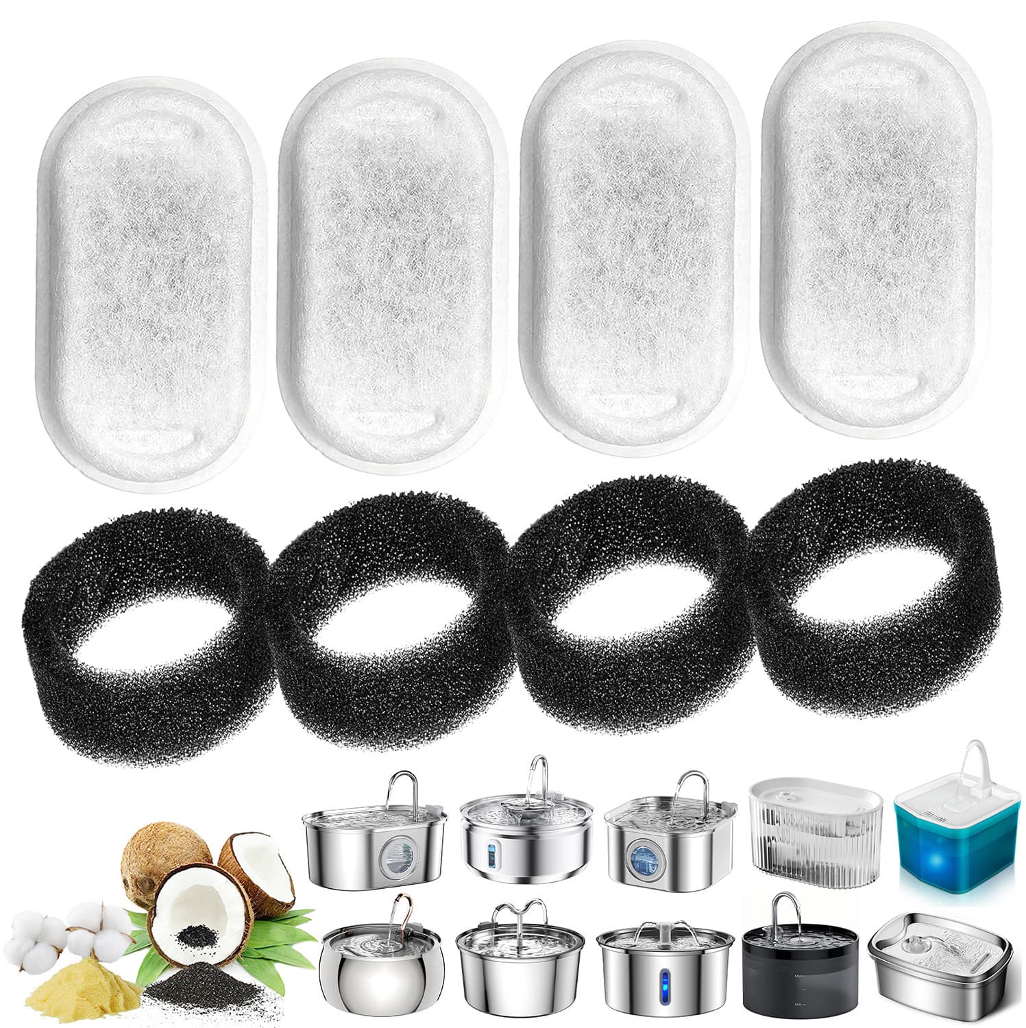 Original Pet Water Fountain Filter, Cat Waterer Filter Track Filter, Round Ring Filter Cotton, Coconut Shell Activated Carbon