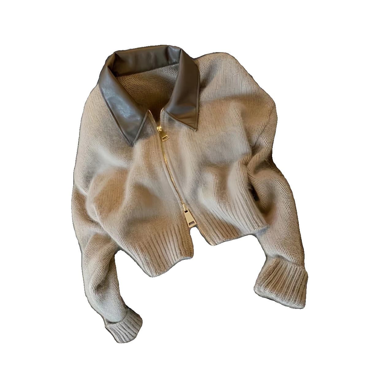 European Style Premium Leather Polo Neck Knitted Cardigan with Two-Way Zipper, Lazy Fit Raccoon Fur Wool Coat for Women