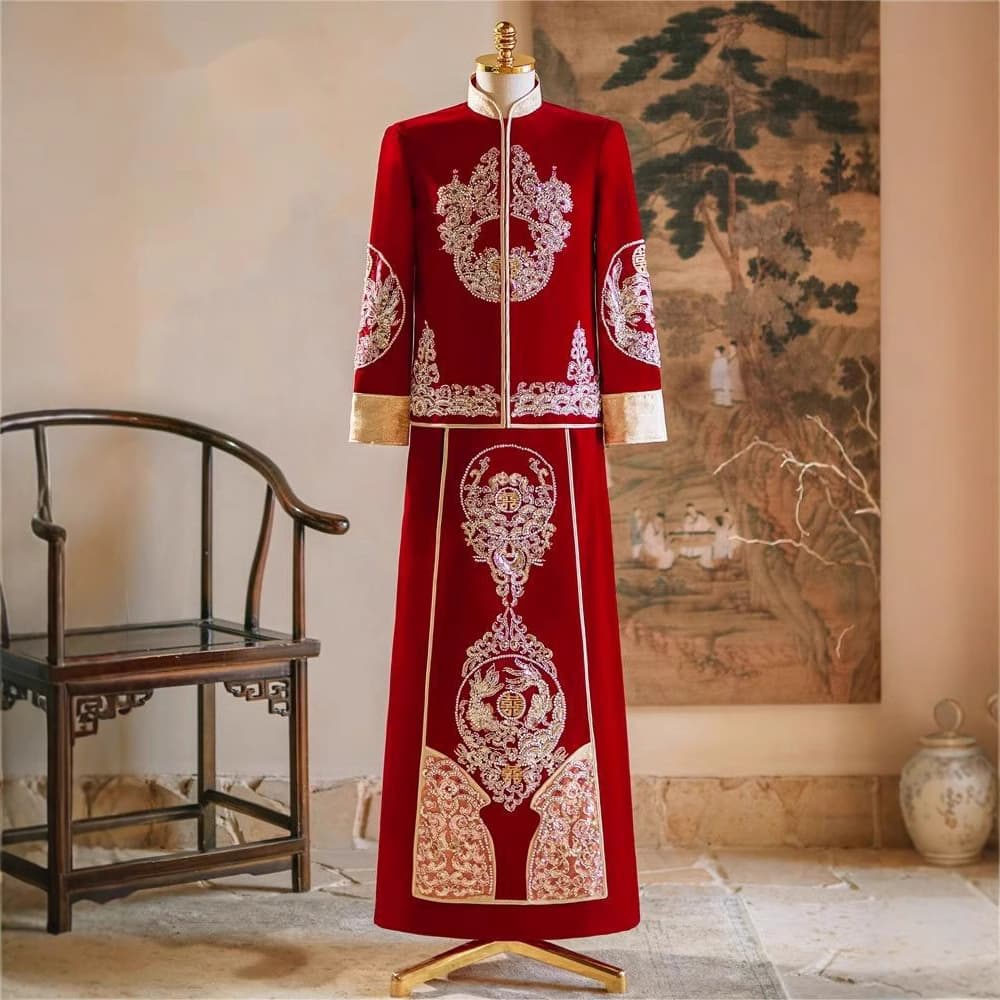 Men's Xiuhe Suit Groom 2024 Wedding Outfit for Bridal Pickup and Toasting, Men's Dragon and Phoenix Gown Tang Suit Embroidered Chinese Style Formal Wear