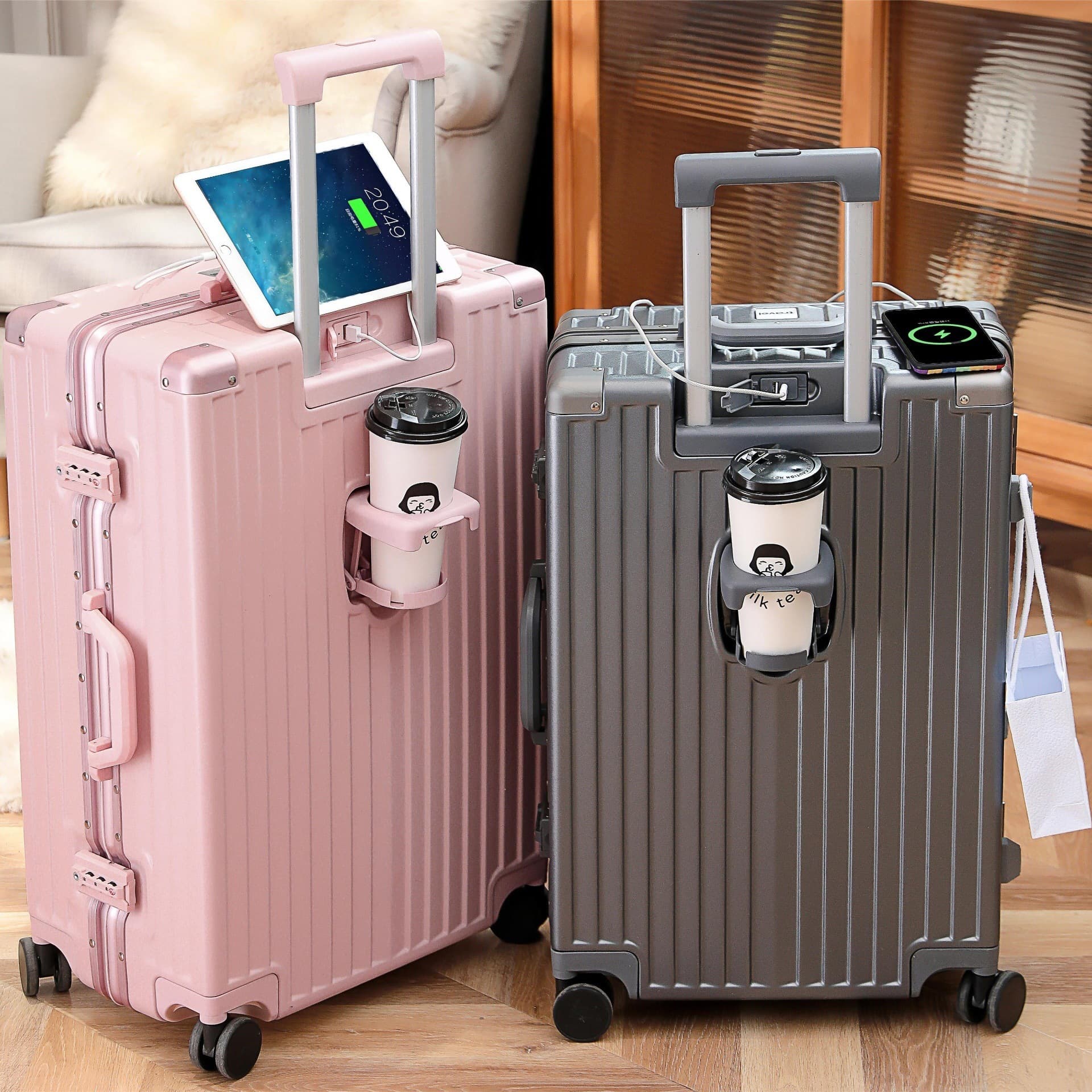 Multifunctional aluminum frame suitcase 24-inch Type-c+USB dual interface large capacity anti-pressure silent wheel suitcase