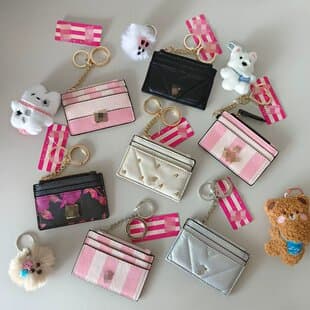 Mini Women's Card Holder Diamond Pattern Chain Keychain Striped Coin Purse PU Leather Multi-Card Slot Fashionable Small Wallet