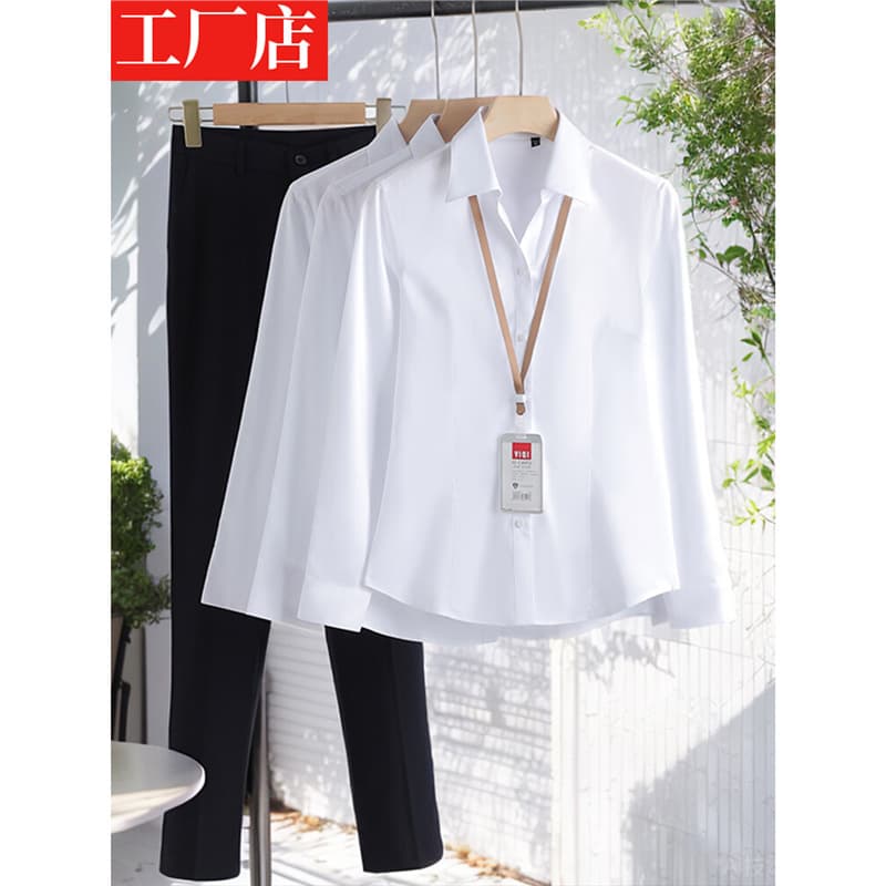 Women's White Long-Sleeve Shirt, Autumn/Winter Thickened Workwear, Professional Business Formal Uniform, V-Neck, Fleece-Lined