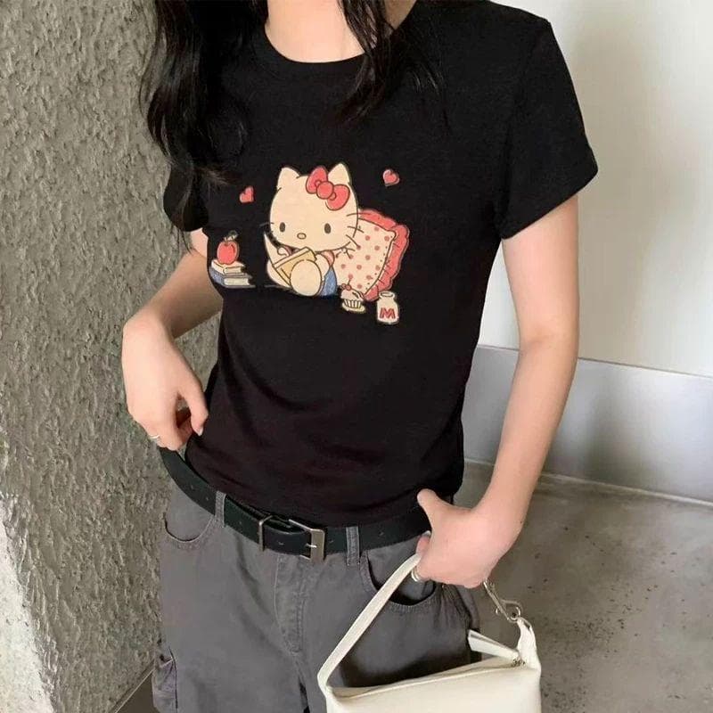 American Style Trendy Brand Kitty Regular Shoulder Niche Short Sleeve T Shirt for Women New Summer Slim Fit Design Slimming Round Neck Top