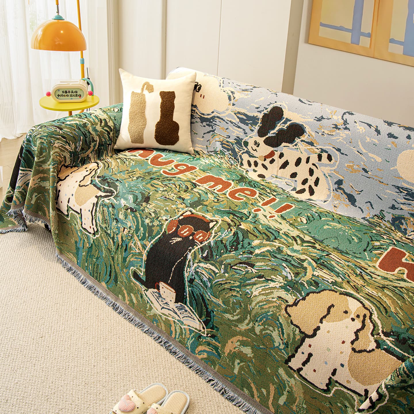 Vintage Oil Painting Sofa Cover Cloth Cotton Linen Cartoon Sofa Cushion Premium Full Cover Towel New Anti-Slip Sofa Slipcover