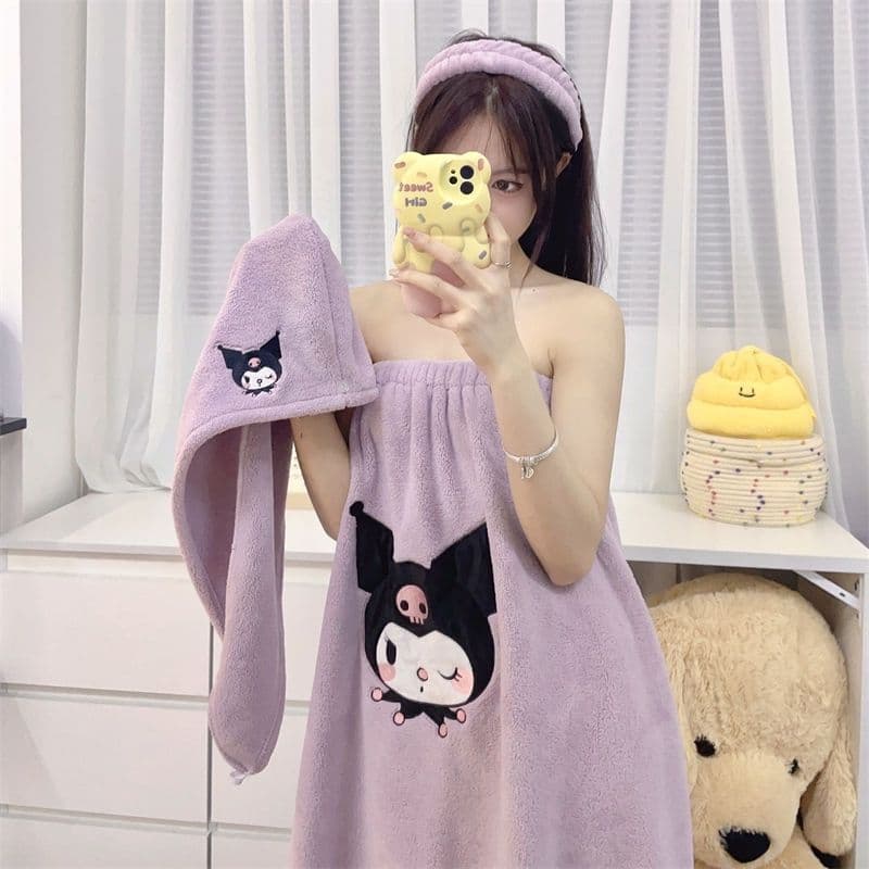 Wearable Bath Skirt Coral Fleece Quick-Dry Absorbent Cartoon Bath Towel and Hair Drying Cap Set for Summer Travel and Home Use